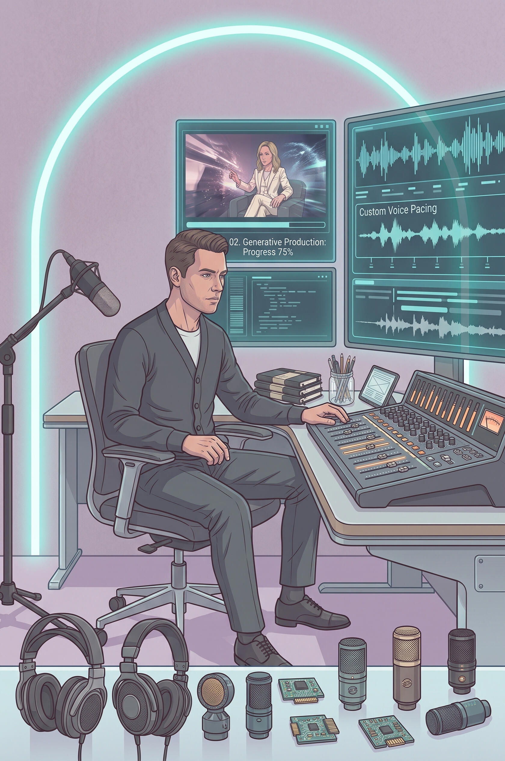 Generative Video Synthesis & Sound Design Video editor at workstation managing synthetic video generation timeline and custom audio pacing