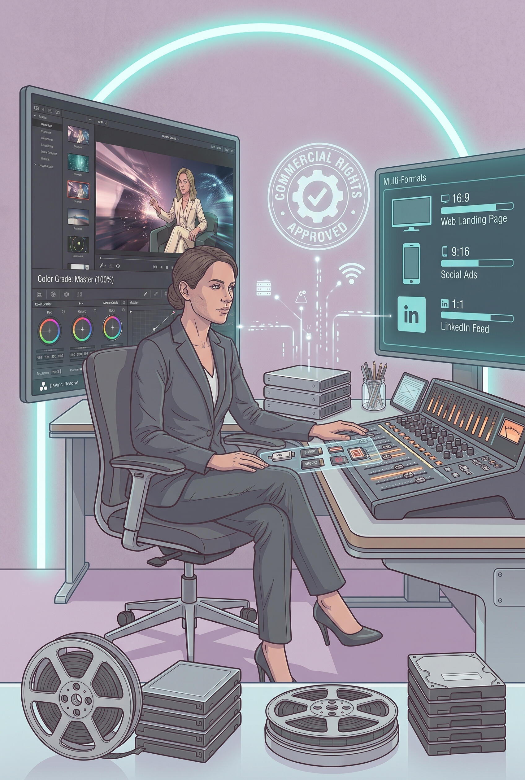 Multi-Format Video Rendering & Delivery Professional video color grading station rendering 4K 16:9 and 9:16 aspect ratio deliverables with commercial rights